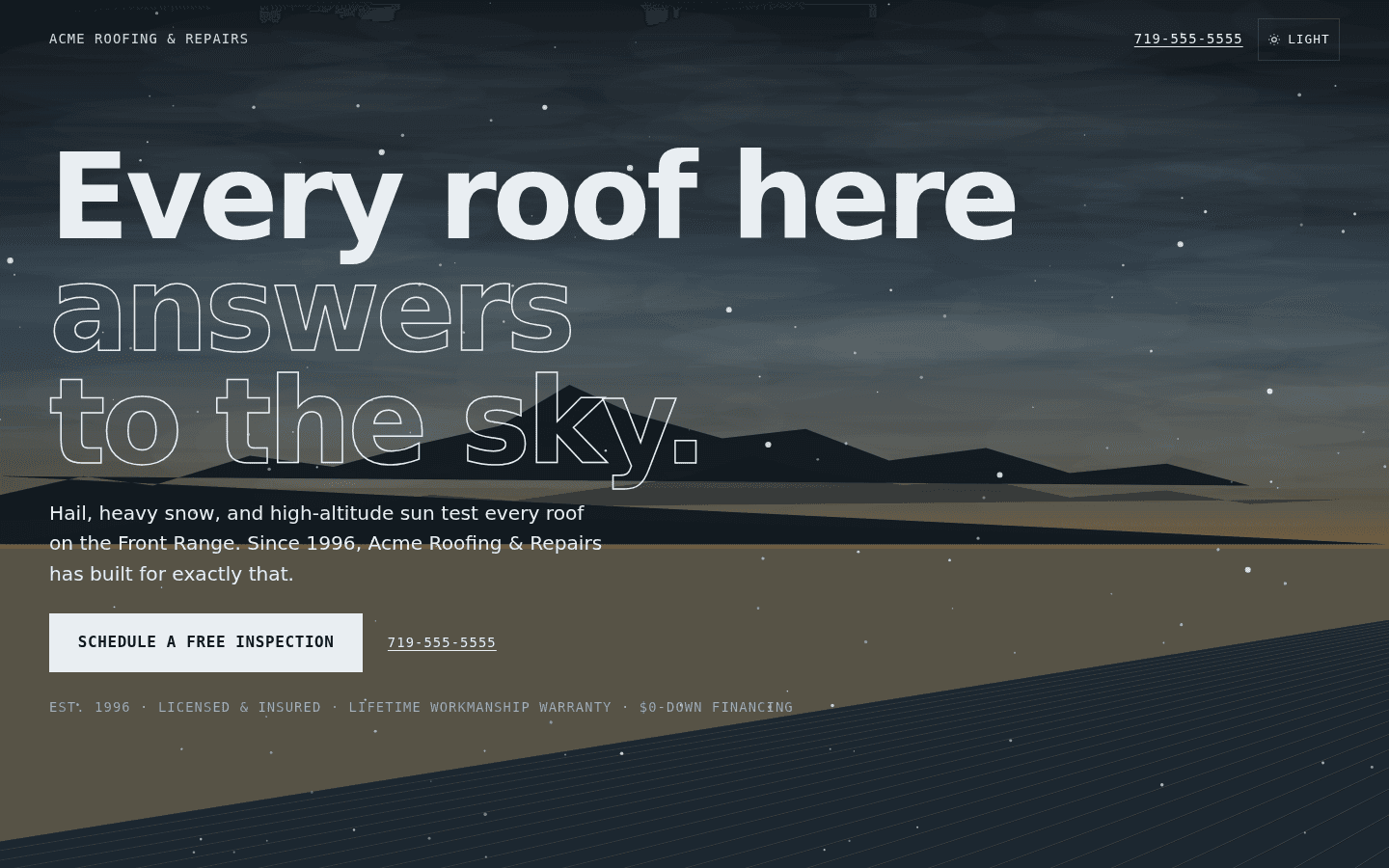 Acme Roofing & Repairs concept — a procedural storm-dawn sky over the Front Range