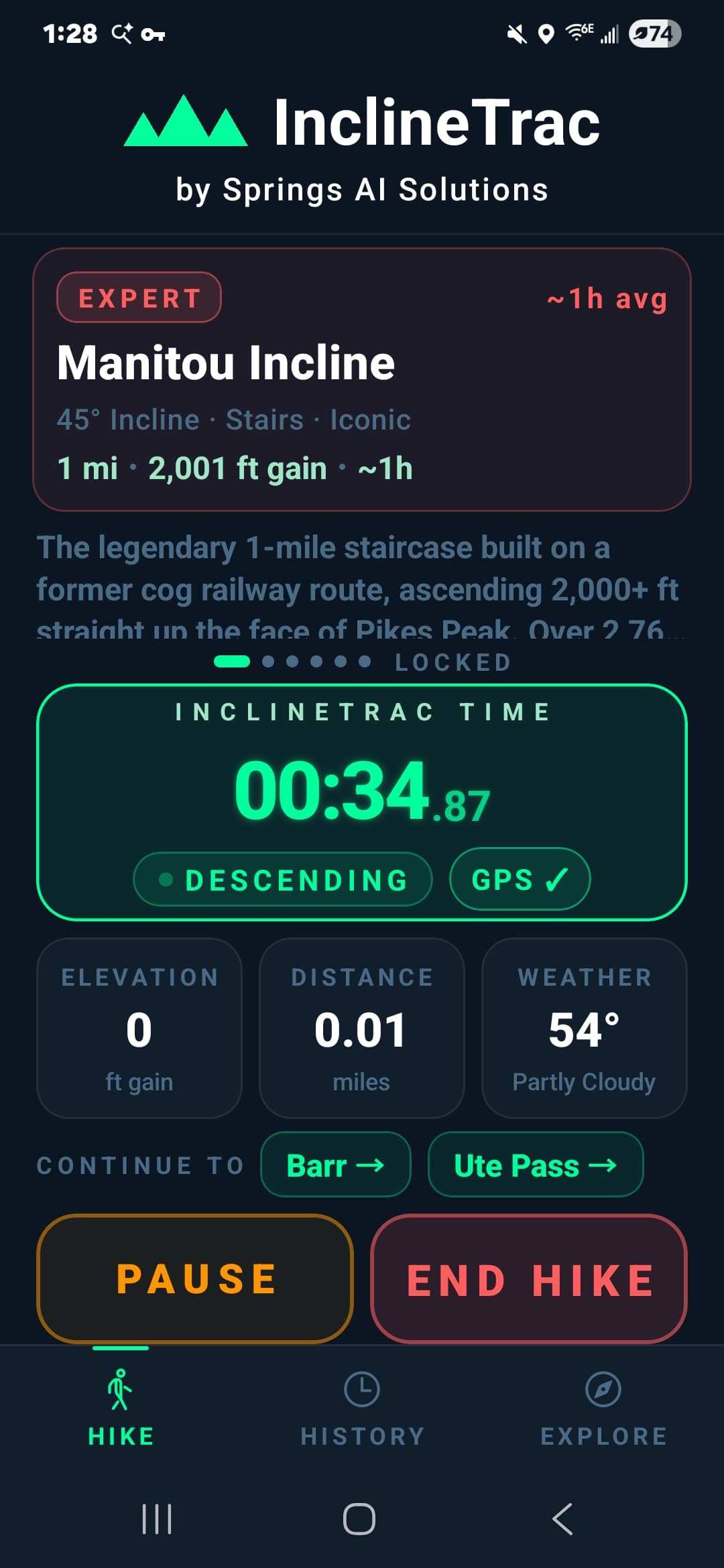 InclineTrac live hike tracking screen