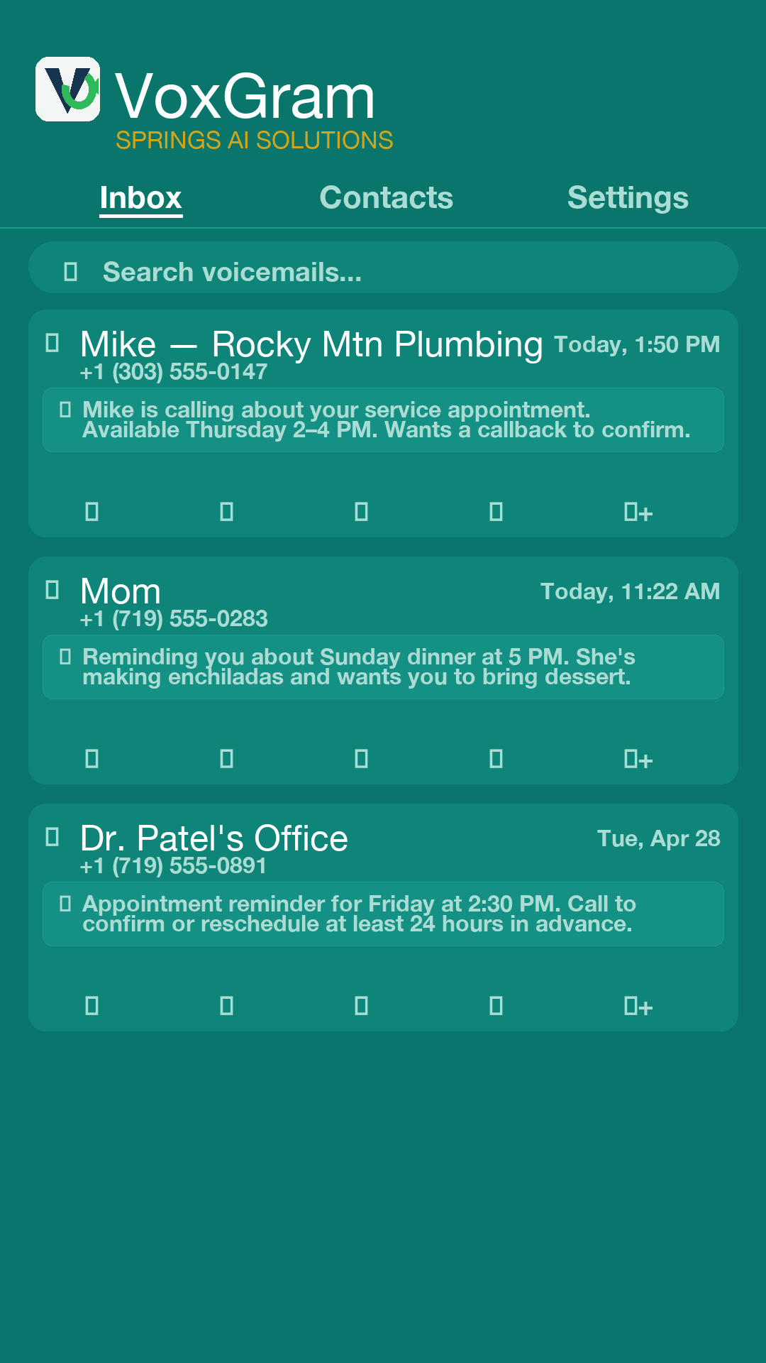 VoxGram inbox screen showing transcribed voicemails